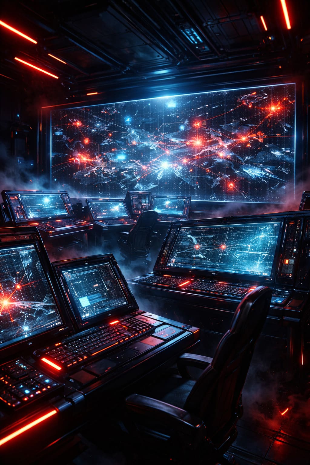 Sala editoriale futuristica con monitor di controllo e atmosfera sci-fi