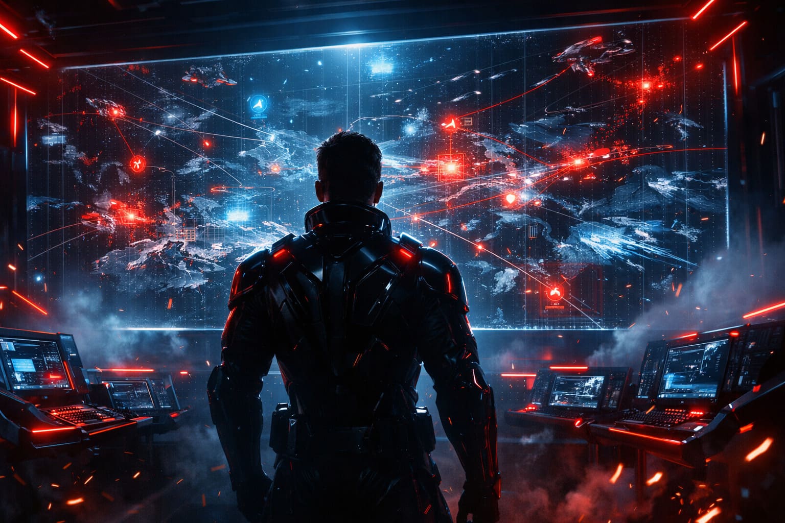 Centro di comando futuristico con stratega davanti a una mappa galattica