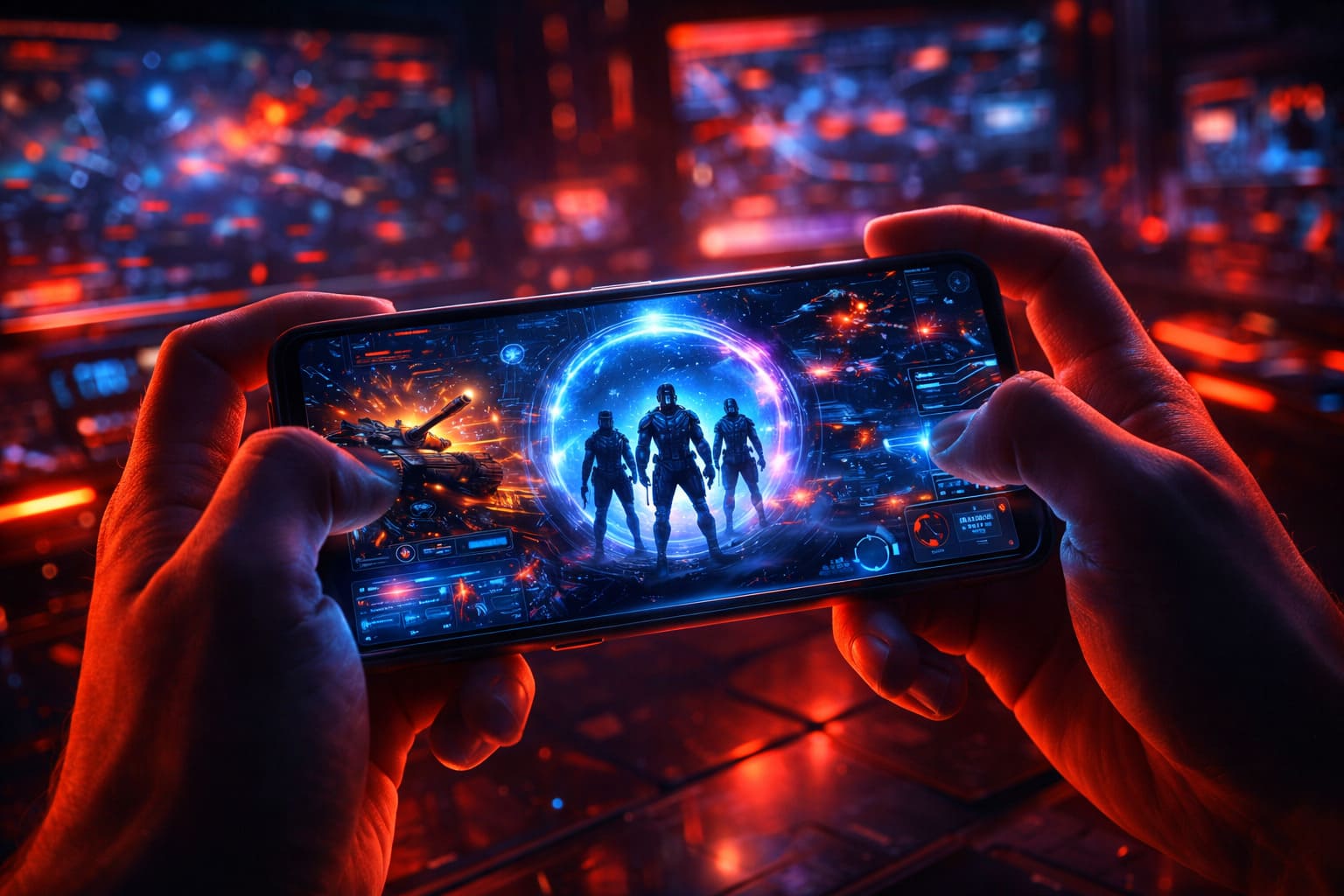 Smartphone con interfaccia di gioco futuristica tra luci rosse e blu