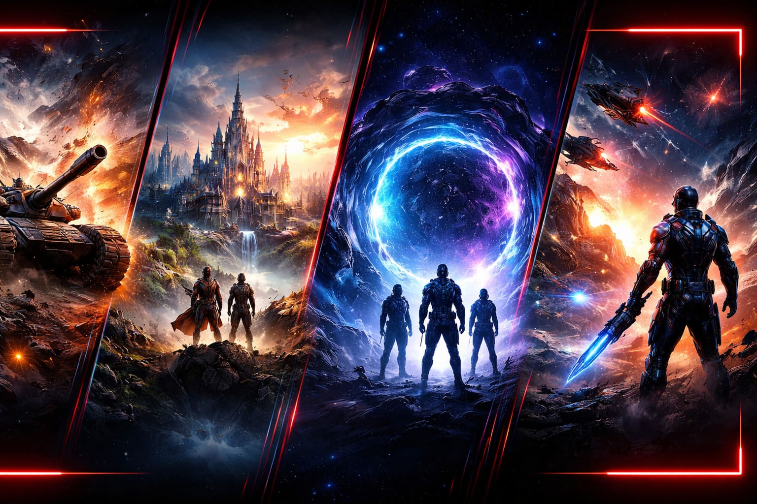 Collage cinematografico di mondi di gioco fantasy e sci-fi