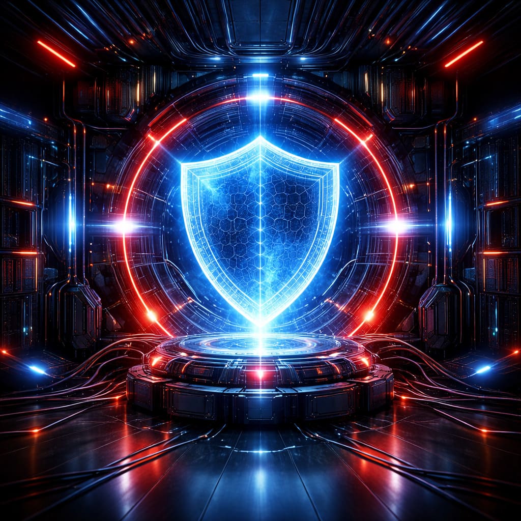 Scudo olografico luminoso in un laboratorio futuristico
